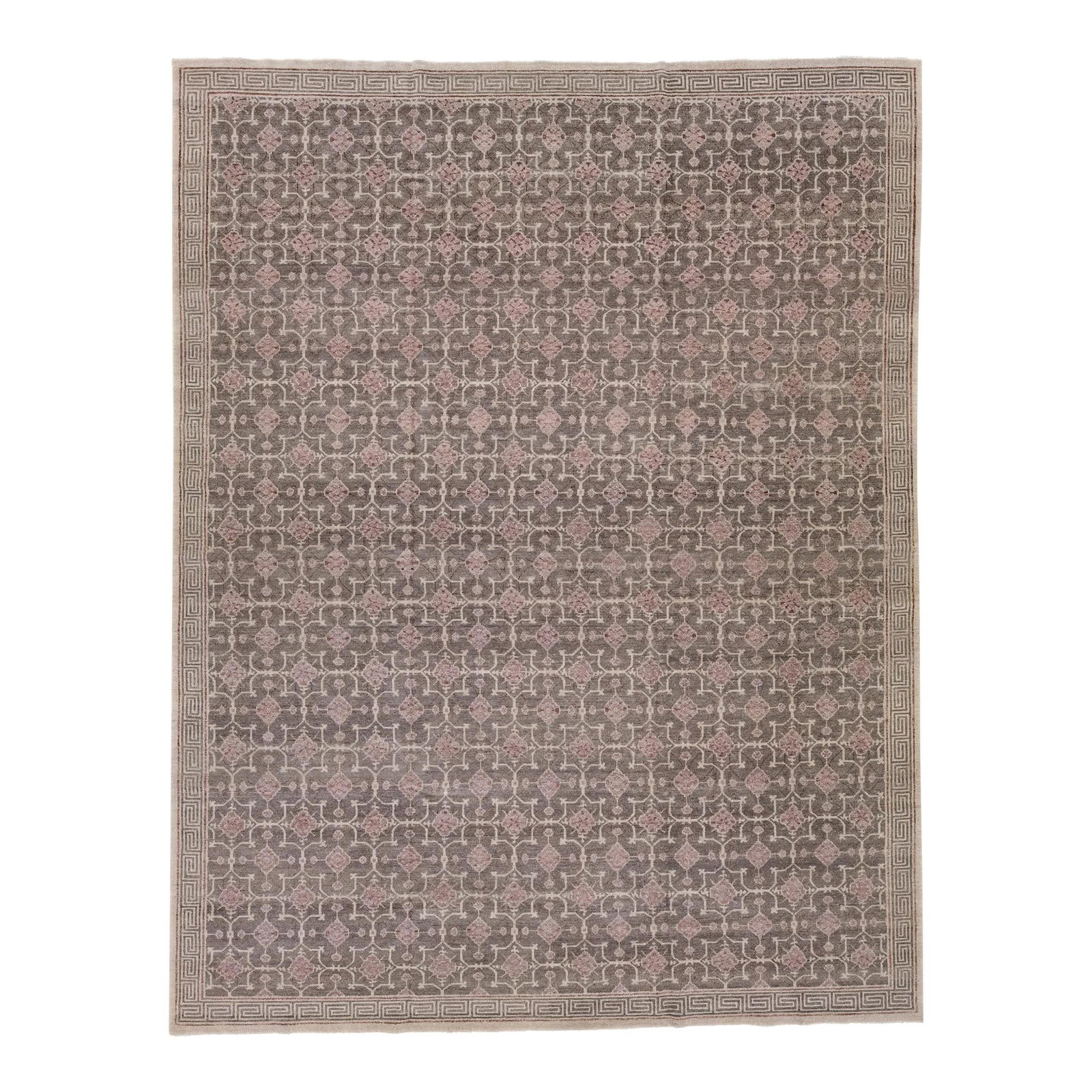 Handmade Khotan Style Gray Wool Rug 11'10 x 15'2 Modern Design: Handmade Khotan Style Gray Wool Rug 11'10 x 15'2 Modern Design This exquisite Khotan wool rug features a striking gray color field adorned with interconnected rosette designs. Hand-knotted with meticu