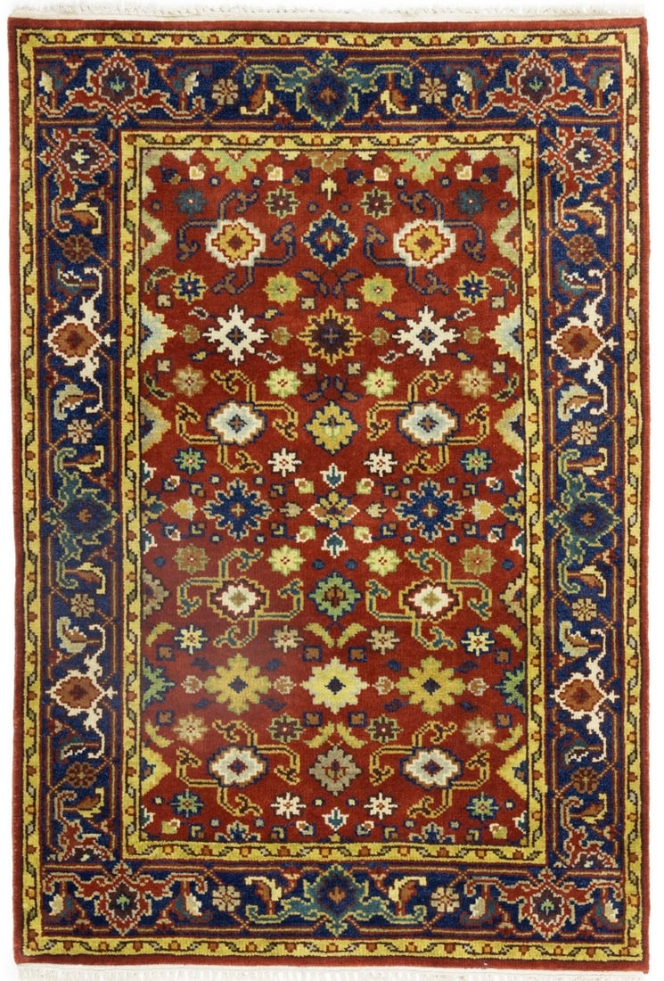 4x6 Wool Floral Hand-Knotted Rug Modern Farmhouse Area Carpet From India: 4x6 Wool Floral Hand-Knotted Rug Modern Farmhouse Area Carpet From India This handmade farmhouse oriental rug features a floral pattern in shades of rusty red, navy blue, light green, cream, burgundy,