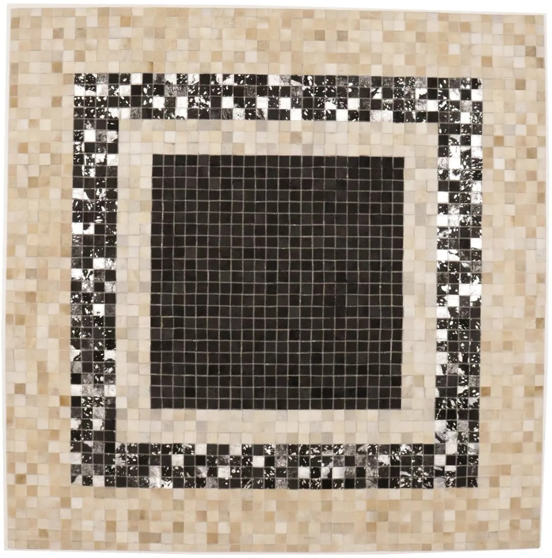 Handcrafted 6x6 ft Black Leather Square Rug Modern Geometric Design: Handcrafted 6x6 ft Black Leather Square Rug Modern Geometric Design Elevate your space with this contemporary 6' x 6' square rug, crafted from premium black leather. This modern, hand-crafted cowhide 