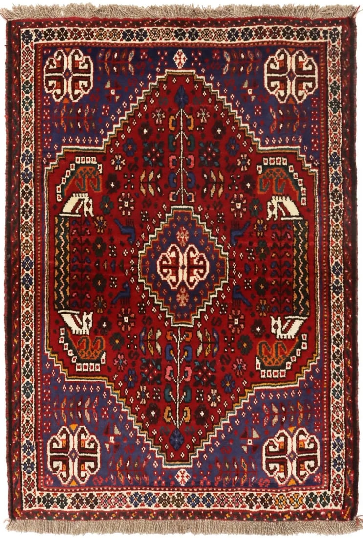Handmade Tribal Area Rug 3'4 x 4'9 Red Wool Modern Design (1 of 14)