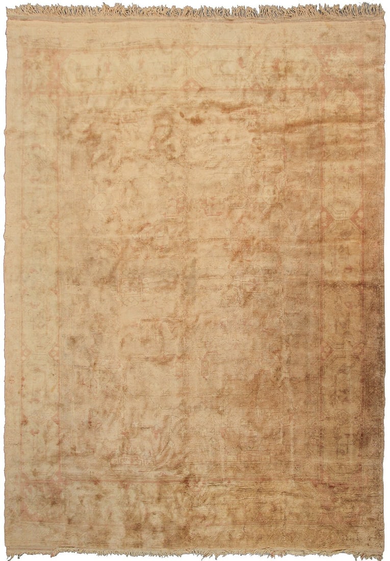 Vintage Turkish Oushak Beige Hand Knotted Wool Area Rug 9 x 11'2": Vintage Turkish Oushak Beige Hand Knotted Wool Area Rug 9 x 11'2" This vintage Turkish Oushak area rug, crafted circa 1960, features a hand-knotted construction using 100% Angora wool. Showcasing a ge