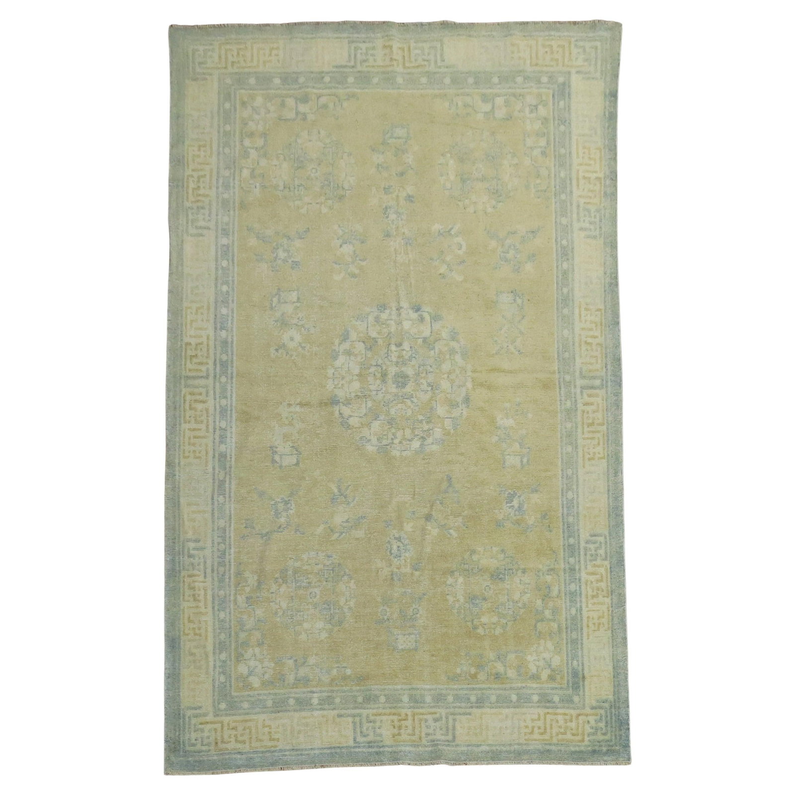Vintage Chinese Peking Wool Rug Soft Blue Champagne 5'3 x 8'1: Vintage Chinese Peking Wool Rug Soft Blue Champagne 5'3 x 8'1 Experience the elegance of this Champagne Mustard Soft Blue Chinese Rug, a stunning piece from the early 20th century. Crafted from high-q