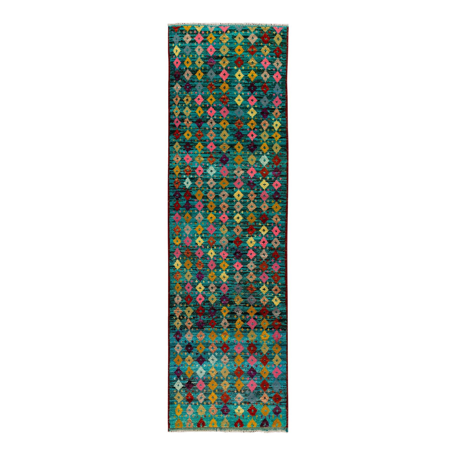 Handmade Teal Gabbeh Wool Runner Rug Tribal Design 2'9 X 9'5: Handmade Teal Gabbeh Wool Runner Rug Tribal Design 2'9 X 9'5 Enhance your space with this exquisite modern Gabbeh hand-knotted wool runner featuring a vibrant teal field. Adorned with a multi-color tr