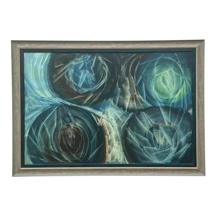 Vintage Boho 90s Abstract Oil Painting on Canvas 67x47 Royal Blue (1 of 9)