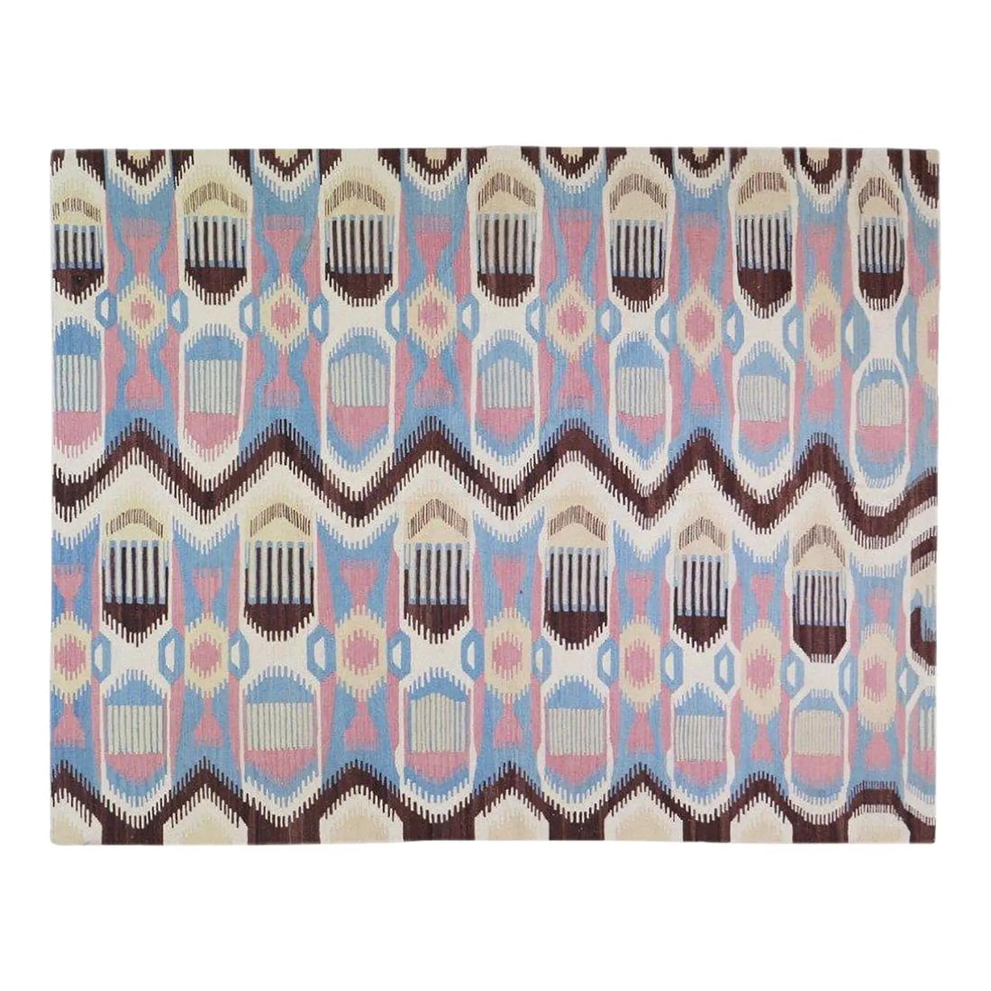 Blue Wool Hand Knotted Kilim Rug 6'1x8: Blue Wool Hand Knotted Kilim Rug 6'1x8 This hand-knotted wool kilim rug is crafted using traditional techniques, combining timeless artistry with a modern design sensibility. Its durable and soft text