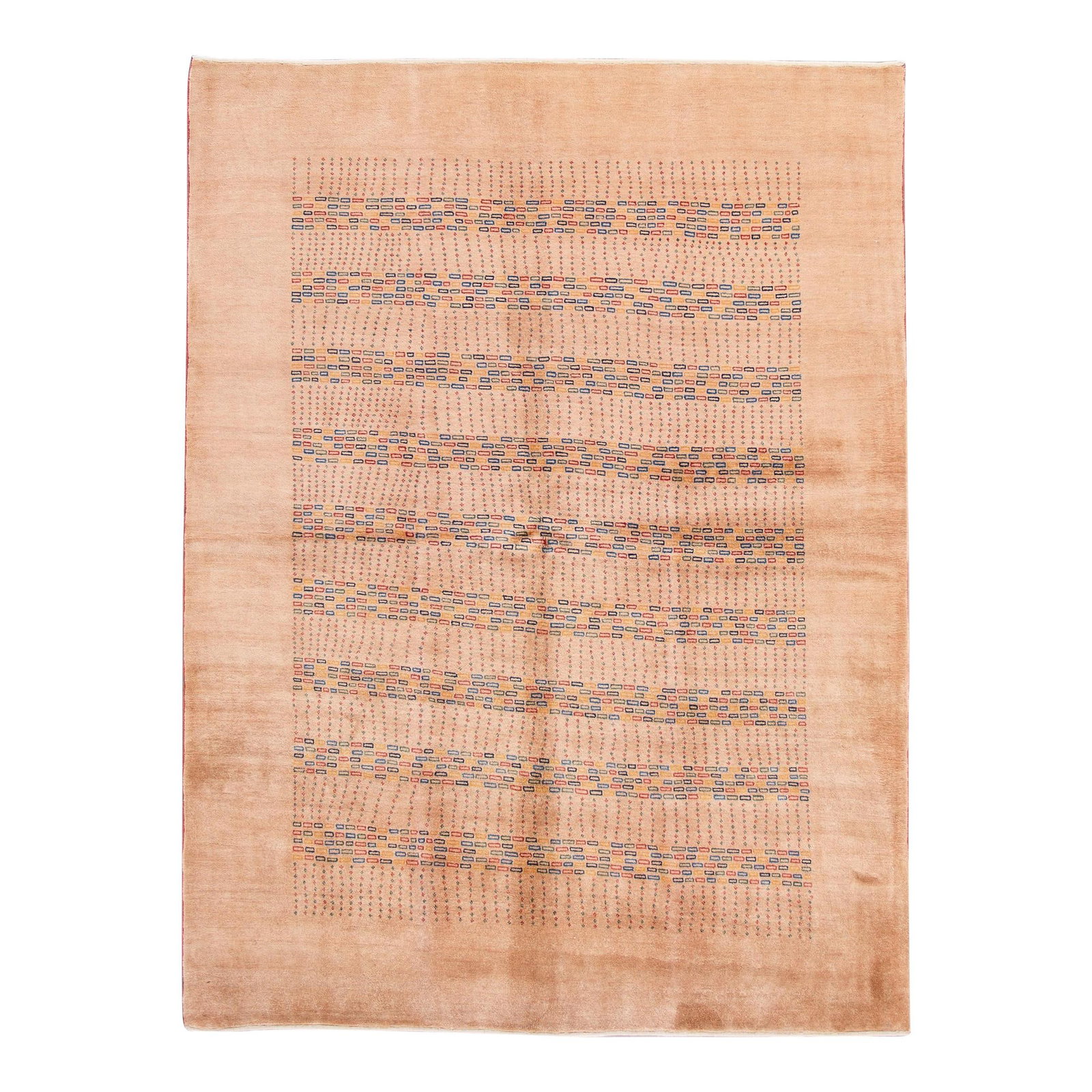 Peach Gabbeh Handmade Wool Rug with Geometric Design 5'10 x 7'8: Peach Gabbeh Handmade Wool Rug with Geometric Design 5'10 x 7'8 Enhance your living space with this stunning handmade wool Gabbeh rug, featuring a contemporary design that beautifully blends tradition