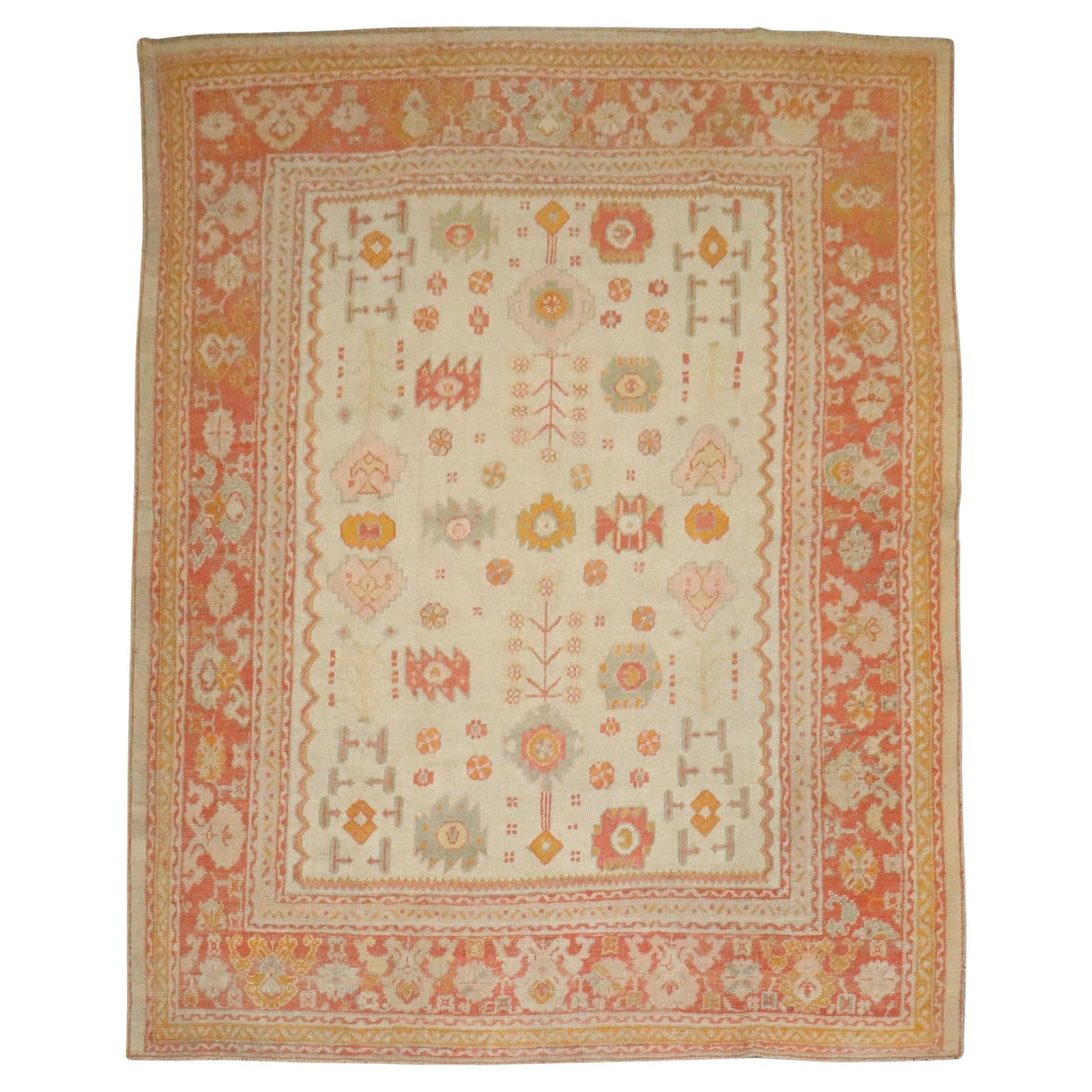 Ivory Field Early 20th Century Turkish Oushak Carpet 8'8 x 10'8: Ivory Field Early 20th Century Turkish Oushak Carpet 8'8 x 10'8 Discover the elegance of this early 20th Century Ivory Field Antique Turkish Oushak Carpet, a stunning example of traditional craftsmans