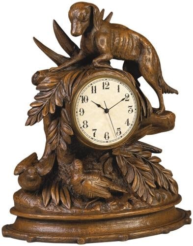 Hand-Cast Resin Lodge Style Mantel Clock with Dog Scene: Hand-Cast Resin Lodge Style Mantel Clock with Dog Scene This item is made at time of order. Please allow 42 to 70 days for production. This hand-cast resin mantel clock features a charming dog scene, 