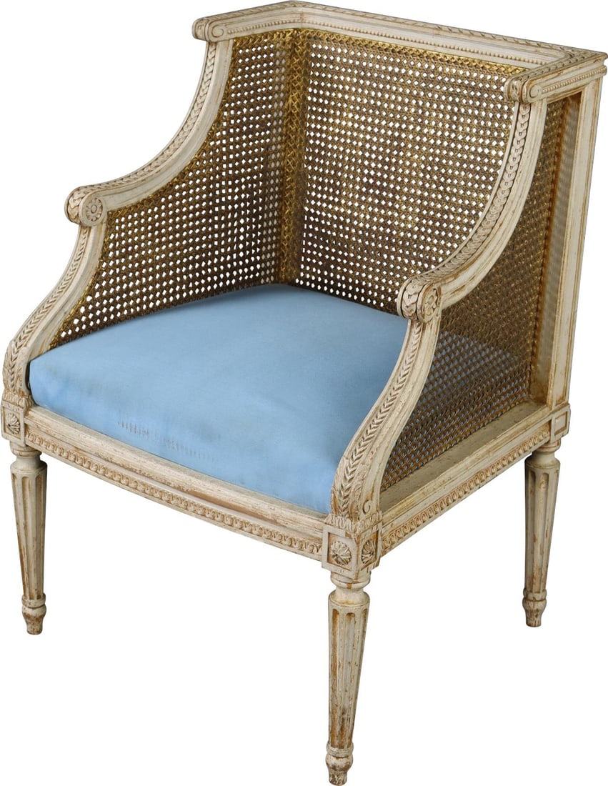Antique Louis XVI Style Blue Vintage Armchair from France: Antique Louis XVI Style Blue Vintage Armchair from France Discover this Elegant Blue Vintage Armchair, a beautiful representation of Louis XVI style from France, dating back to 1900. This charming arm
