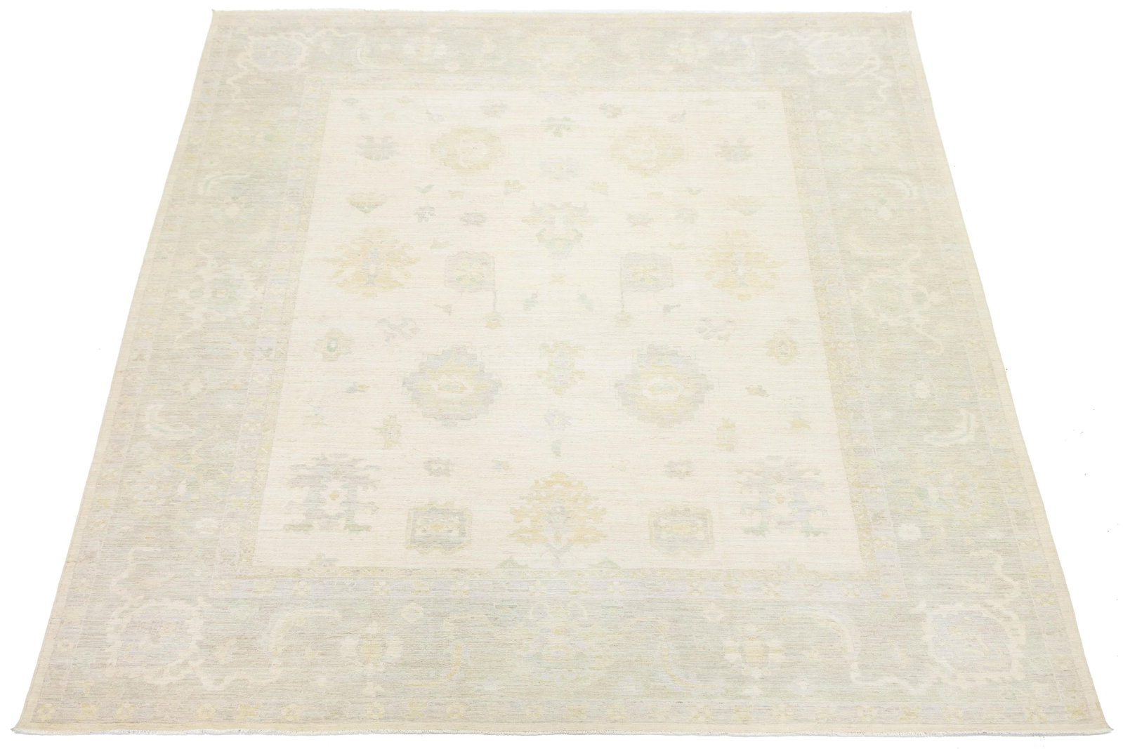 Hand Knotted Wool Oushak Style Rug 12'1 x 14'8 Ivory Sage: Hand Knotted Wool Oushak Style Rug 12'1 x 14'8 Ivory Sage This Modern Oushak-style area rug is hand-knotted from premium wool, offering a sophisticated and serene addition to any space. The rug featur