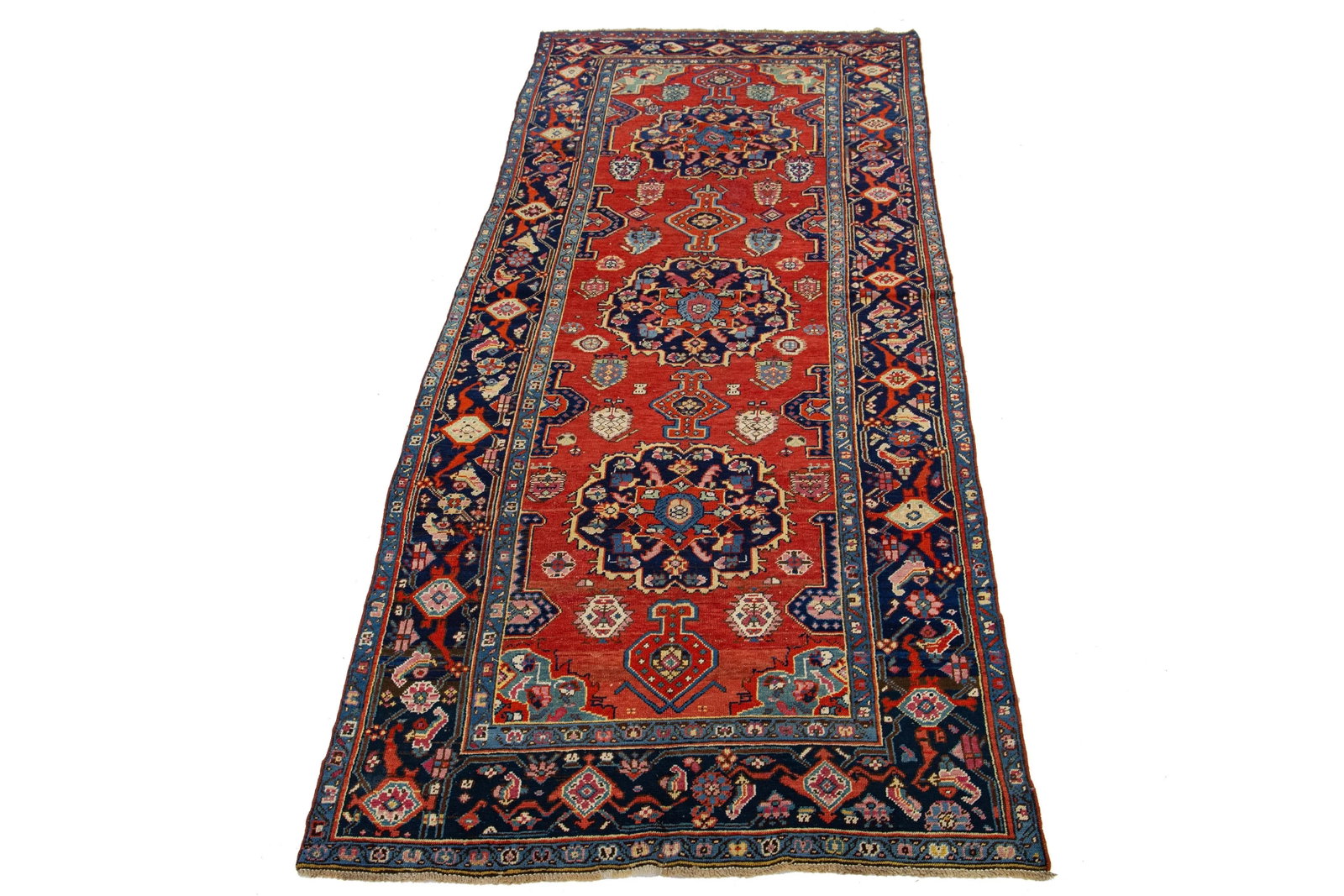 Vintage Handmade Wool Mahal Runner with Multicolor Design 5'1 x 13'9: Vintage Handmade Wool Mahal Runner with Multicolor Design 5'1 x 13'9 This exquisite vintage runner showcases a stunning handmade design, featuring a rich red field adorned with multicolor accents thro