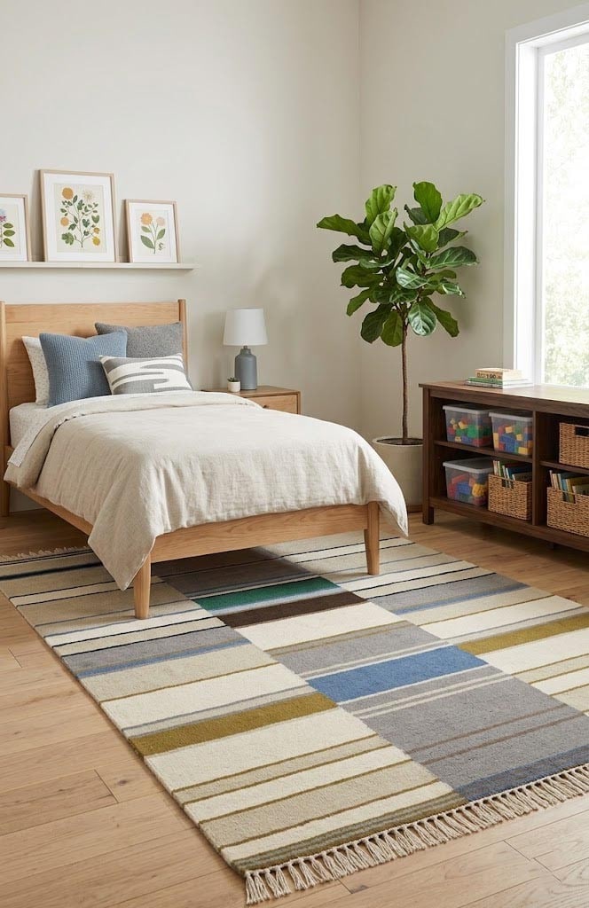 Hand-Tufted Multicolored Stripes 5x8 Modern Kids Room Rug: Hand-Tufted Multicolored Stripes 5x8 Modern Kids Room Rug Enhance your kids' room with this vibrant Hand-Tufted Multicolored Stripes Rug, perfect for any modern space. Made from high-quality wool, thi