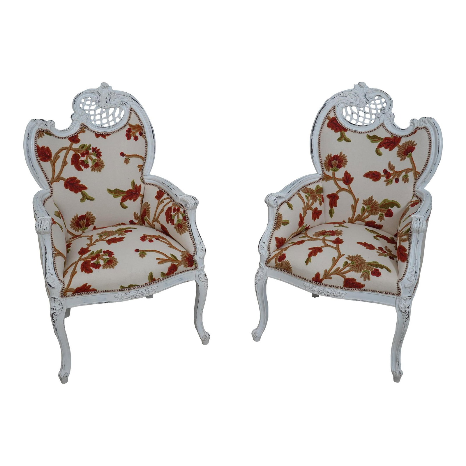 Vintage French Fireside Chairs with Hand-Done Crewel Work: Vintage French Fireside Chairs with Hand-Done Crewel Work This exquisite pair of French-style fireside chairs showcases exceptional craftsmanship and a unique aesthetic. Crafted circa the 1950s, these