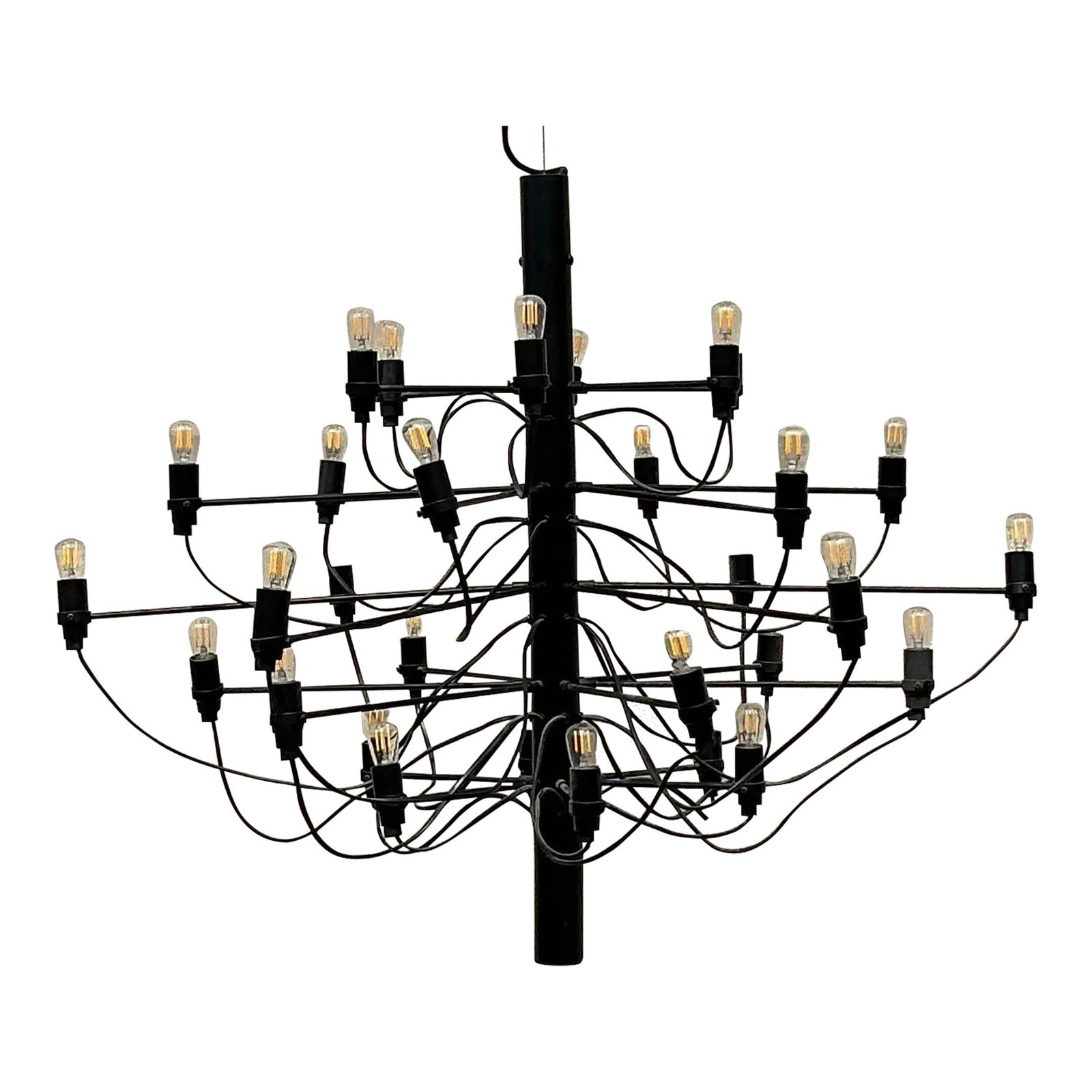 Vintage Flos Chandelier Black Metal Glass 35x35x28.25: Vintage Flos Chandelier Black Metal Glass 35x35x28.25 Transform your space with the elegance of this Vintage Contemporary Flos Chandelier. Crafted by the esteemed Italian brand Flos, this chandelier s