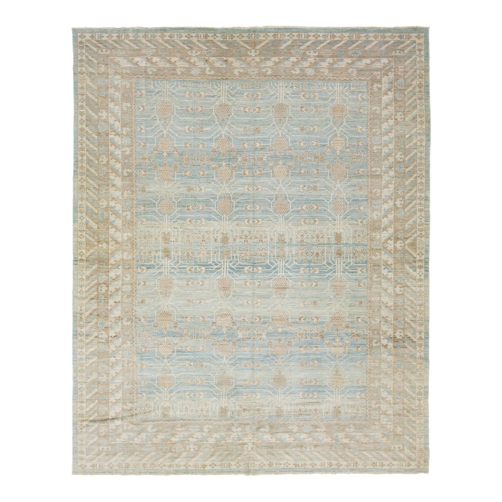 Oversized Blue Wool Khotan Rug with Geometric Design 12'6 x 15'7: Oversized Blue Wool Khotan Rug with Geometric Design 12'6 x 15'7 Enhance your living space with this oversized contemporary Khotan wool rug from India. Featuring a serene light blue base, the rug is a