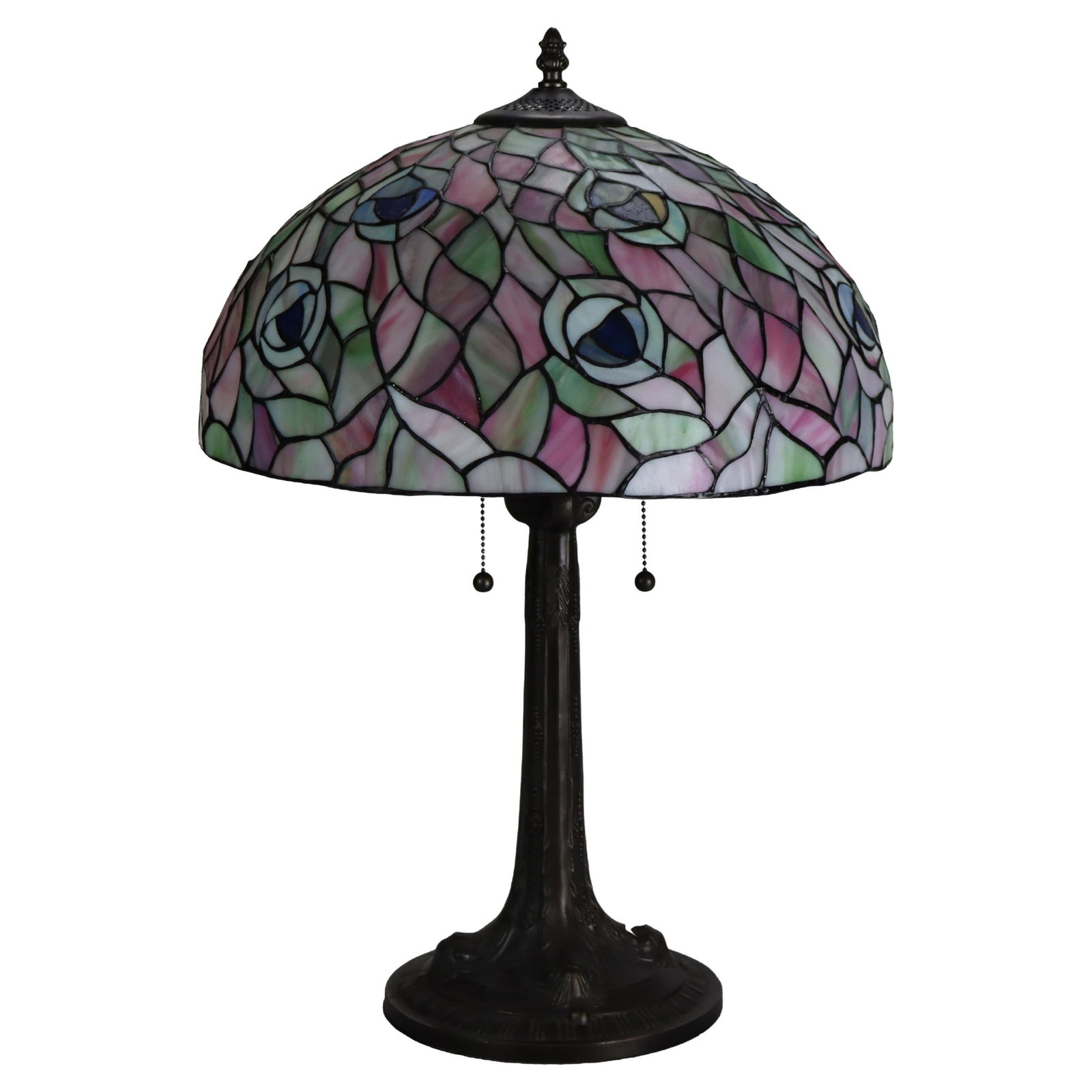 Peacock Eye Motif Leaded Glass Table Lamp with Metal Base 20th Century: Peacock Eye Motif Leaded Glass Table Lamp with Metal Base 20th Century This Arts & Crafts table lamp features a leaded stained glass shade with a vibrant peacock eye motif in shades of pink, green, an
