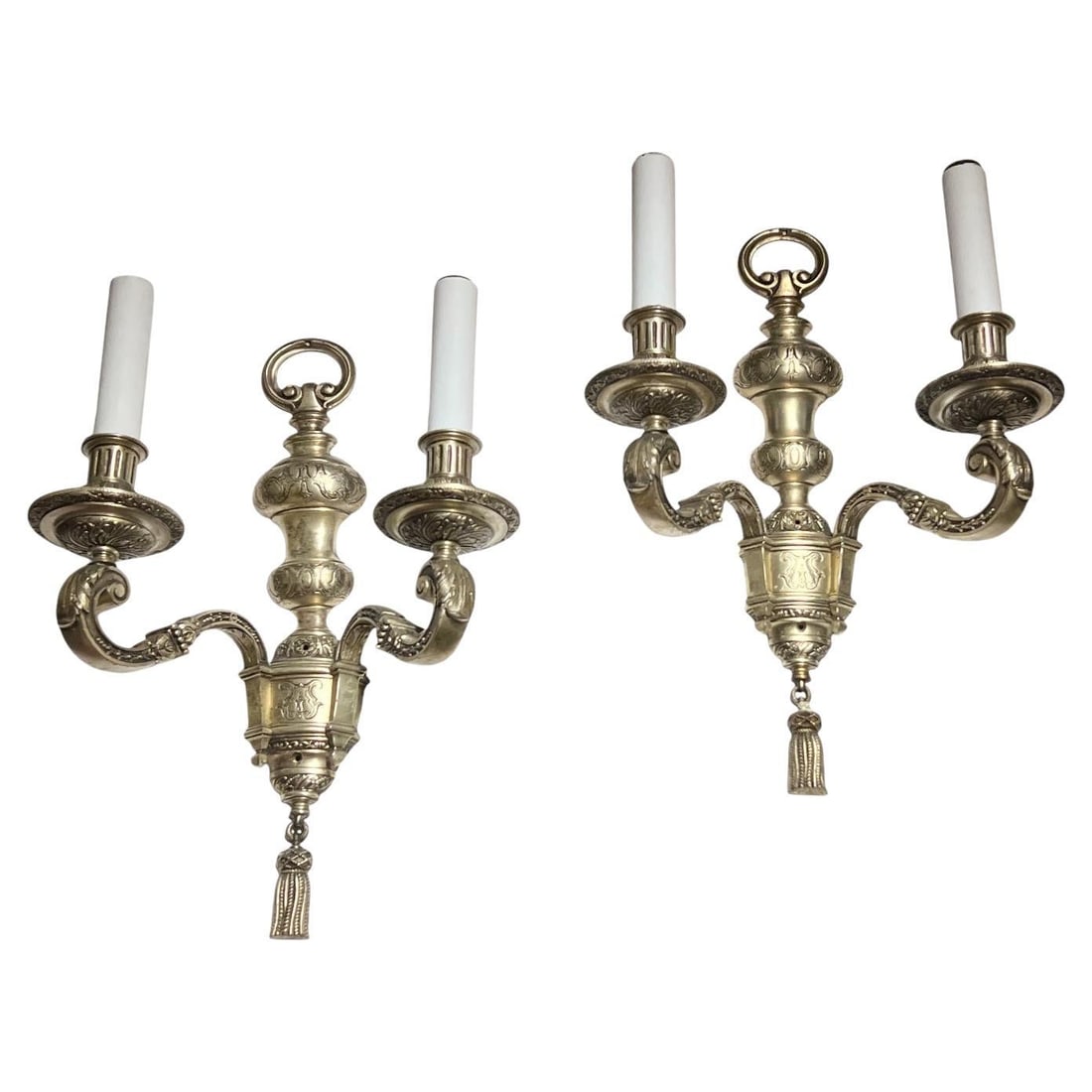 Set of Two Regency Revival Silvered Bronze Two-Arm Wall Sconces Attributed Caldwell: Set of Two Regency Revival Silvered Bronze Two-Arm Wall Sconces Attributed Caldwell This pair of antique two-arm wall sconces is attributed to Edward F. Caldwell & Co. from the early 20th century. Cra