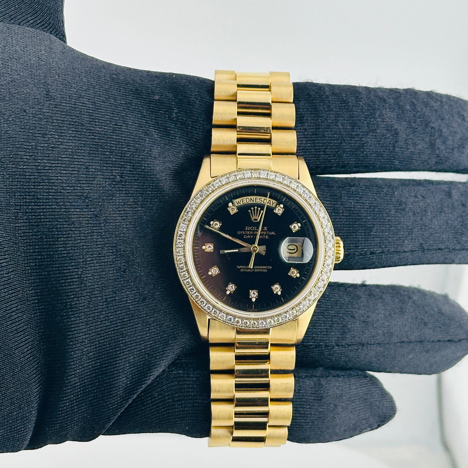 Rolex Day-Date Ref 1803 Mens Watch Aftermarket Black Diamond Dial 18K Aftermarket Presi Bracelet: Rolex Day-Date Ref 1803 Mens Watch Aftermarket Black Diamond Dial 18K Aftermarket Presi Bracelet This men's Rolex Day-Date features an Aftermarket black diamond dial and an Aftermarket Presi 18K brace