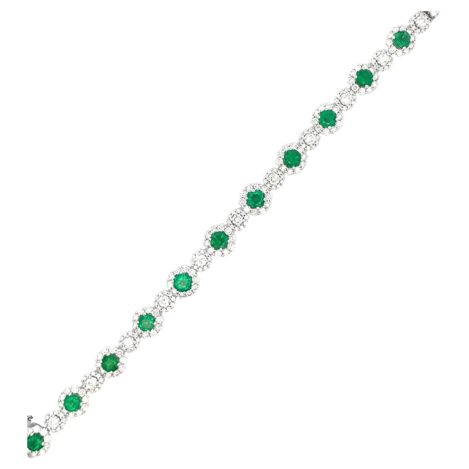 Harbor Diamonds Emerald Diamond Halo Bracelet 10.96 Carats 18K White Gold: Harbor Diamonds Emerald Diamond Halo Bracelet 10.96 Carats 18K White Gold This stunning Emerald Diamond Halo Floral Link Bracelet is crafted from luxurious 18 karat white gold. It features a contempor