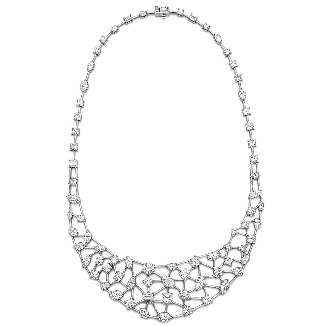 29 Carat Diamond Platinum Necklace with 74 Stones 16.5 Inch: 29 Carat Diamond Platinum Necklace with 74 Stones 16.5 Inch This platinum necklace features 74 diamonds with a total weight of approximately 29.00 carats. The diamonds range in color from F to I and h