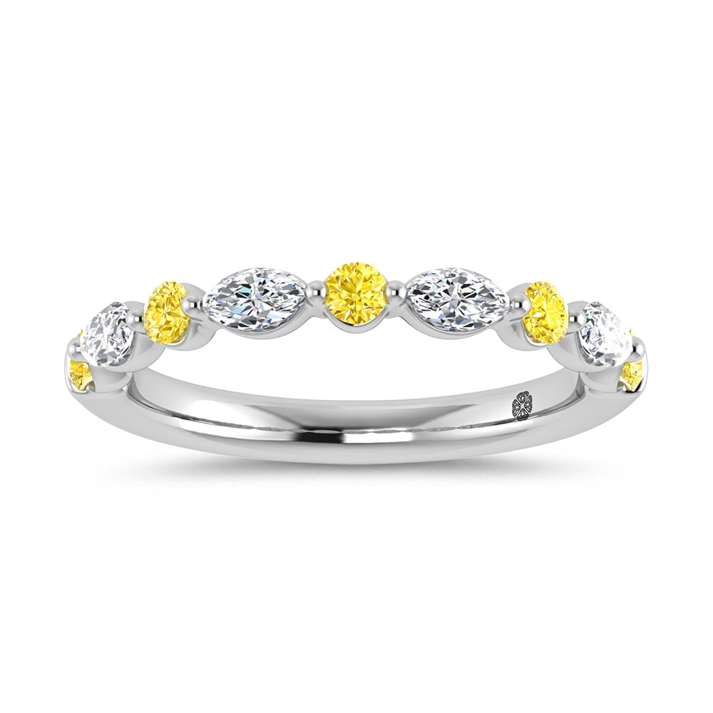 14K White Gold Alternate Lab Grown Yellow and White Diamond 1/2 Ct.Tw. Stackable Band: 14K White Gold Alternate Lab Grown Yellow and White Diamond 1/2 Ct.Tw. Stackable Band Refined and radiant, this 14K white gold stackable band features 1/2 carat total weight of alternating lab-grown y