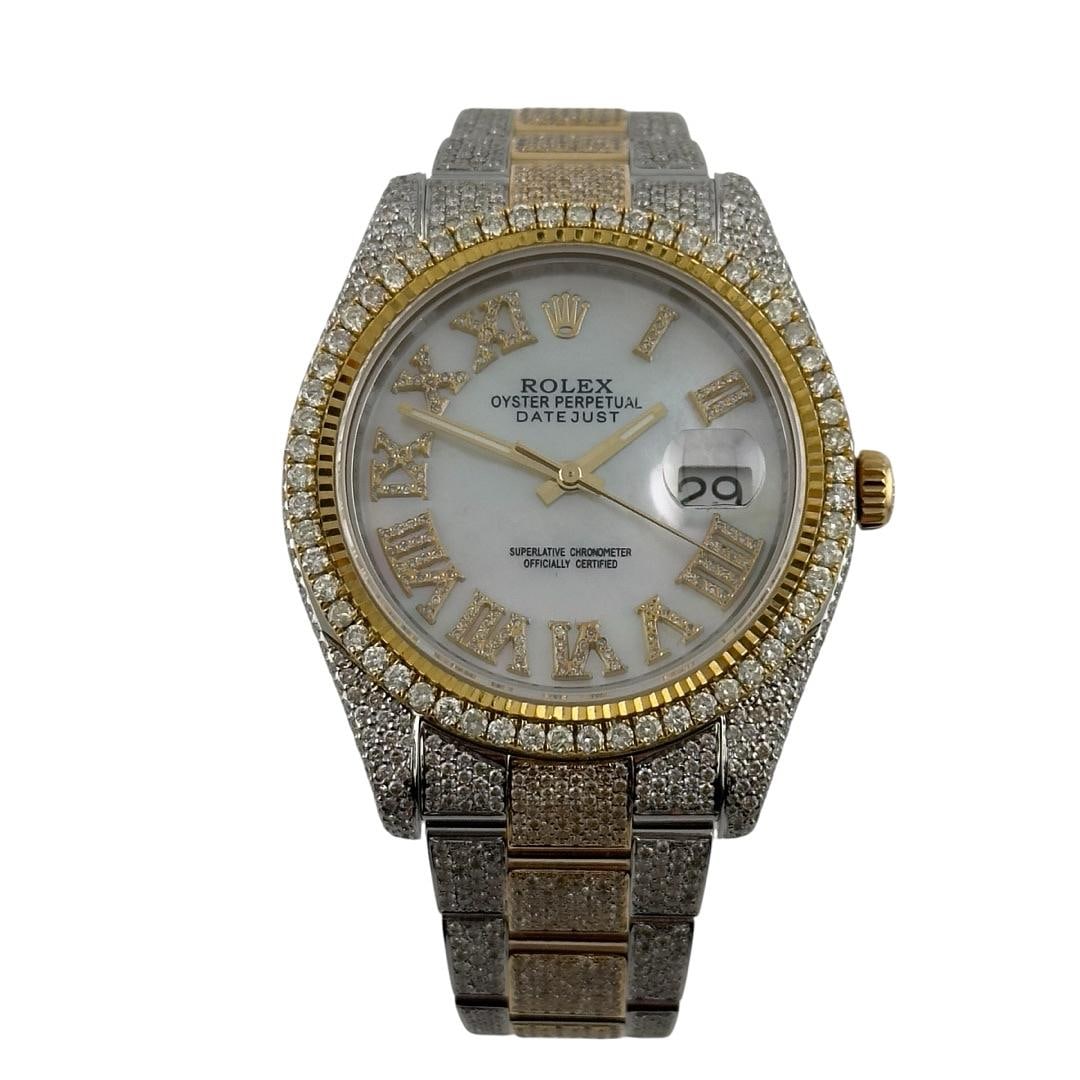 Mens Rolex Datejust 116333 Diamond Bezel Oyster Bracelet MOP Roman Dial: Mens Rolex Datejust 116333 Diamond Bezel Oyster Bracelet MOP Roman Dial This Rolex Datejust wristwatch features a mother of pearl Roman numeral dial and a diamond bezel. It is fitted with an Oyster br
