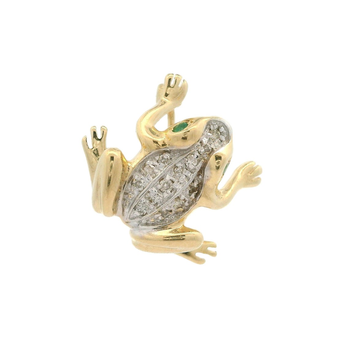 Frog Motif Brooch in 14k Yellow and White Gold with Diamonds and Emeralds: Frog Motif Brooch in 14k Yellow and White Gold with Diamonds and Emeralds This intricately detailed frog pin brooch features a combination of solid 14k yellow gold with a white gold top. Adorned with 