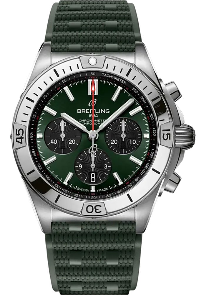 Breitling Chronomat B01 Green Dial AB0134101L2S1 Rubber Strap Watch with Card: Breitling Chronomat B01 Green Dial AB0134101L2S1 Rubber Strap Watch with Card This Breitling Chronomat B01 features a striking green dial and a rotating bezel, paired with a durable rubber strap. The 