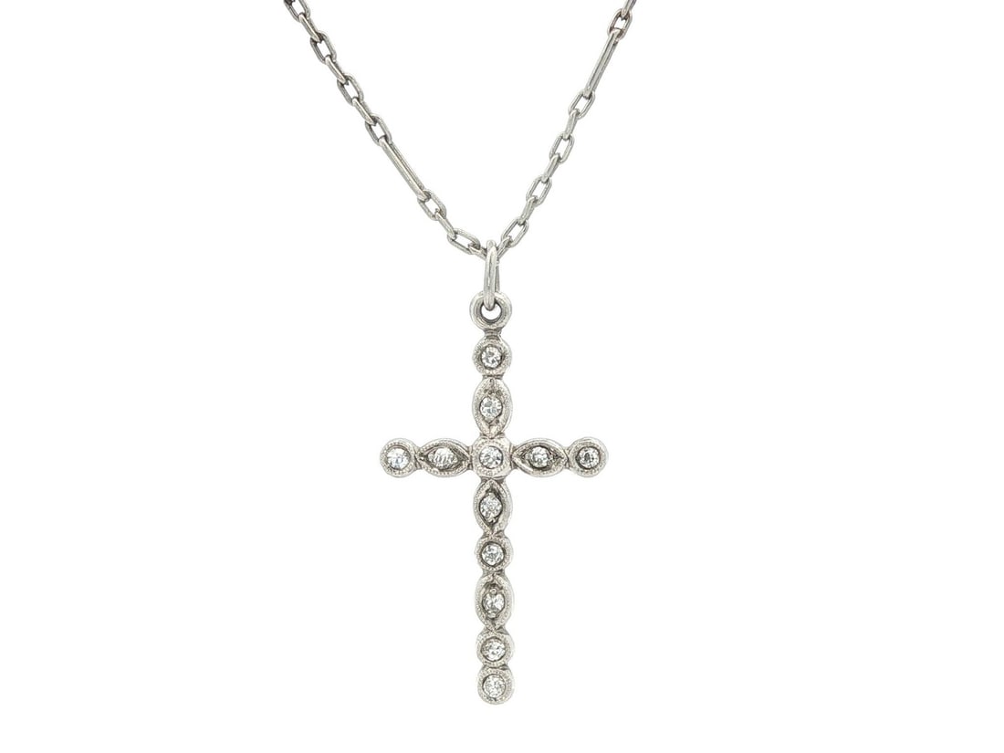 Antique Platinum Diamond Cross Pendant with Open Link Necklace: Antique Platinum Diamond Cross Pendant with Open Link Necklace This exquisite antique pendant features a stunning cross design, adorned with (13) natural genuine diamonds in old single cut and old min