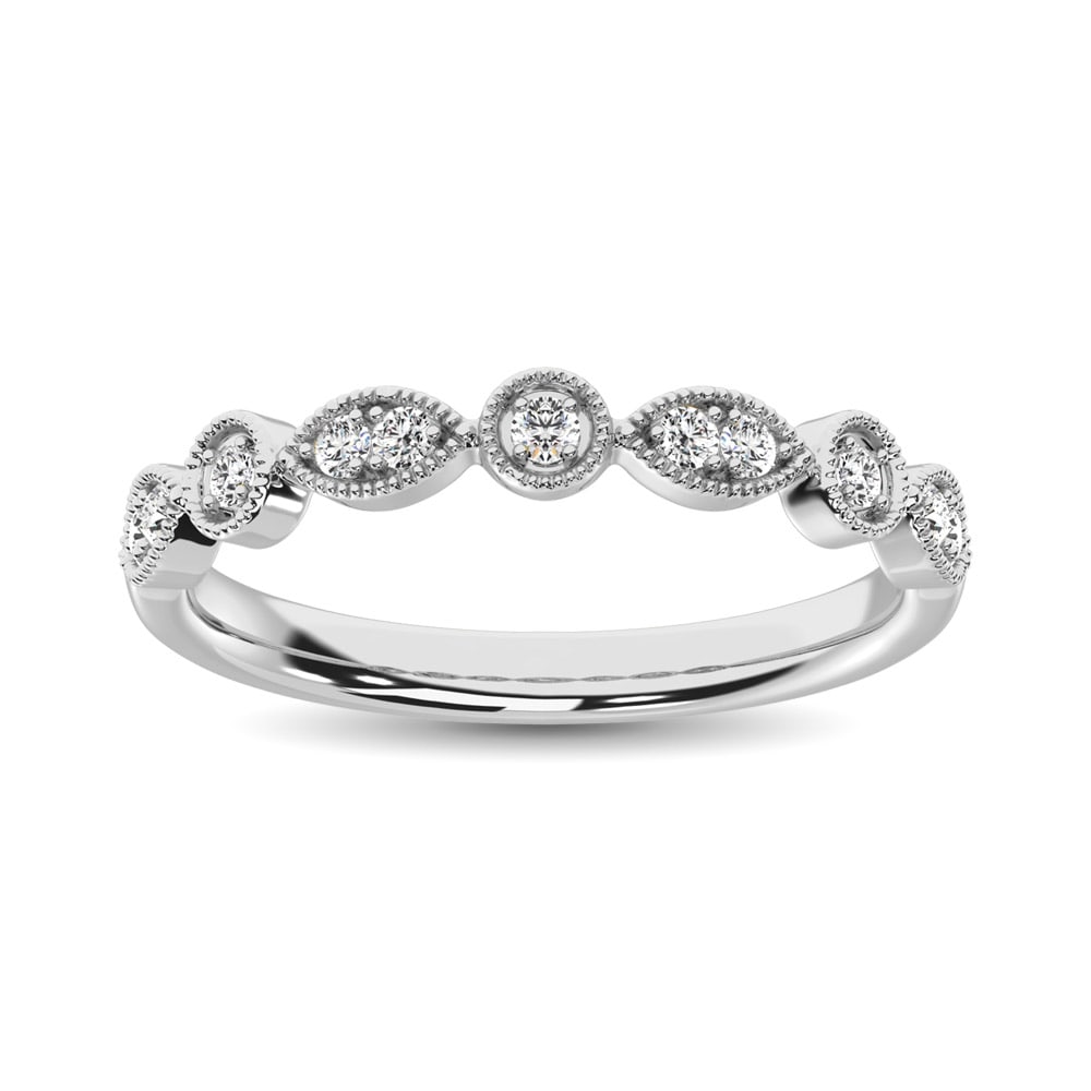 14K White Gold 1/8 Ct.Tw. Diamond Stackable Band: 14K White Gold 1/8 Ct.Tw. Diamond Stackable Band Crafted in warm 14K white gold, this intriguing design features 1/8 Ct.Tw. round diamonds in milgrain-detailed. 14k White Gold Stone Color: Gh Stone Cl