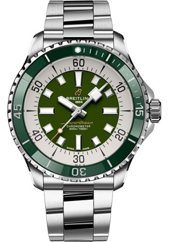 Breitling Superocean Green Dial Men's Watch Ref A17376A31L1A1 with Card: Breitling Superocean Green Dial Men's Watch Ref A17376A31L1A1 with Card This Breitling Superocean Automatic watch features a striking green dial and a rotating bezel. It comes on a bracelet and includ
