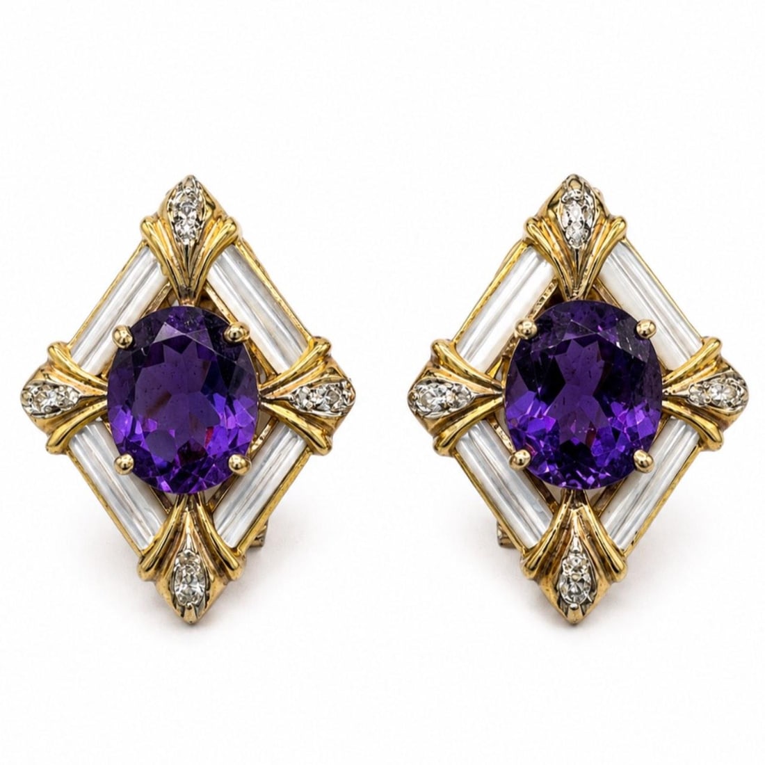 Amethyst Diamond Earrings 14K Yellow Gold 1 inch: Amethyst Diamond Earrings 14K Yellow Gold 1 inch These 14K yellow gold earrings feature two amethysts with a combined weight of approximately 10.00 carats, complemented by sixteen diamonds totaling ap