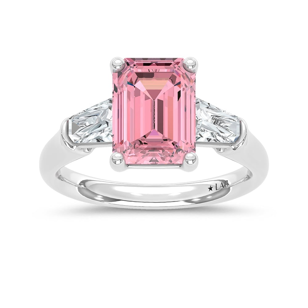 14K White Gold Lab Grown Diamond 2 5/8 Ct.Tw. Pink Radiant Engagement Ring (Center 3ct): 14K White Gold Lab Grown Diamond 2 5/8 Ct.Tw. Pink Radiant Engagement Ring (Center 3ct) Experience refined elegance with this 14K White Gold Engagement Ring, featuring a captivating 3-carat lab-grown 