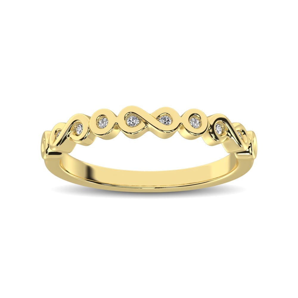 14K Yellow Gold 1/10 Ct.tw Diamond Band: 14K Yellow Gold 1/10 Ct.tw Diamond Band Crafted in cool 14K Yellow Gold, this mirrored design features a single diamond in a round bezel setting alternating with a diamond in a teardrop-shaped frame. 