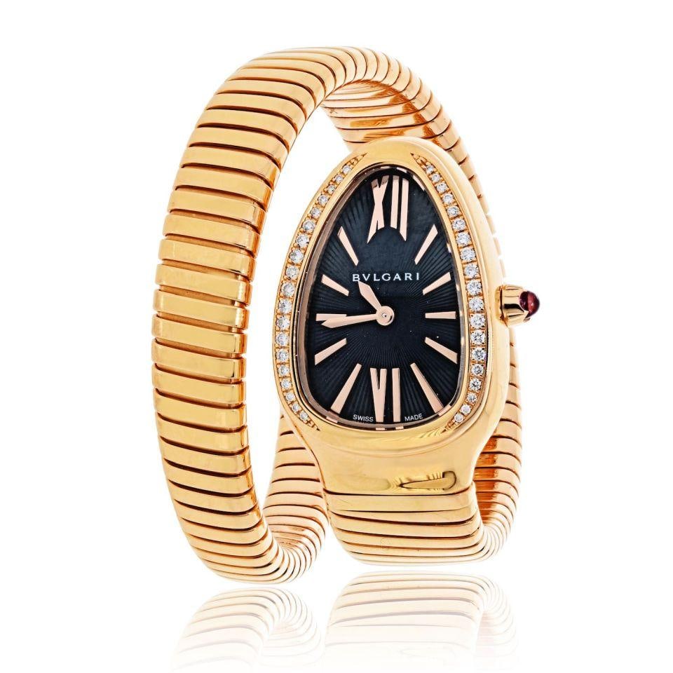 Bvlgari Serpenti 18K Rose Gold Ladies Watch Black Dial Diamond Bezel: Bvlgari Serpenti 18K Rose Gold Ladies Watch Black Dial Diamond Bezel Discover the elegance of the Bvlgari Serpenti ladies' watch, a vintage masterpiece crafted in luxurious 18K rose gold. This model, 