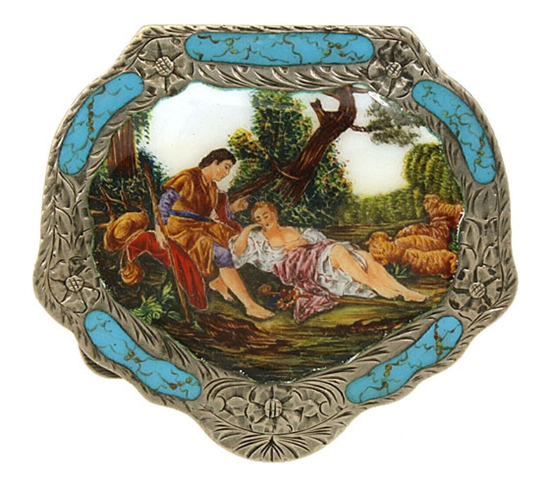 Italian 800 Silver Porcelain Powder Box Hand Painted Pastoral Scene: Italian 800 Silver Porcelain Powder Box Hand Painted Pastoral Scene This vintage powder compact is crafted from 800 silver and porcelain, featuring a finely hand-painted pastoral scene with a shepherd