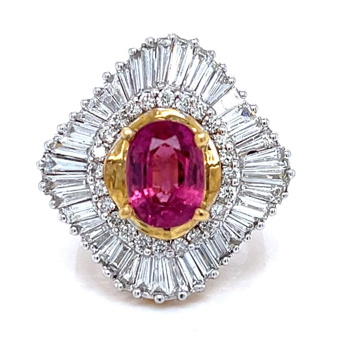 18K Yellow Gold Pink Sapphire 2.75 Ct Diamond Ring: 18K Yellow Gold Pink Sapphire 2.75 Ct Diamond Ring This exquisite ring features a stunning 2.75 Ct. pink sapphire elegantly set in 18K yellow gold. The ring is adorned with 42 sparkling diamonds, tota
