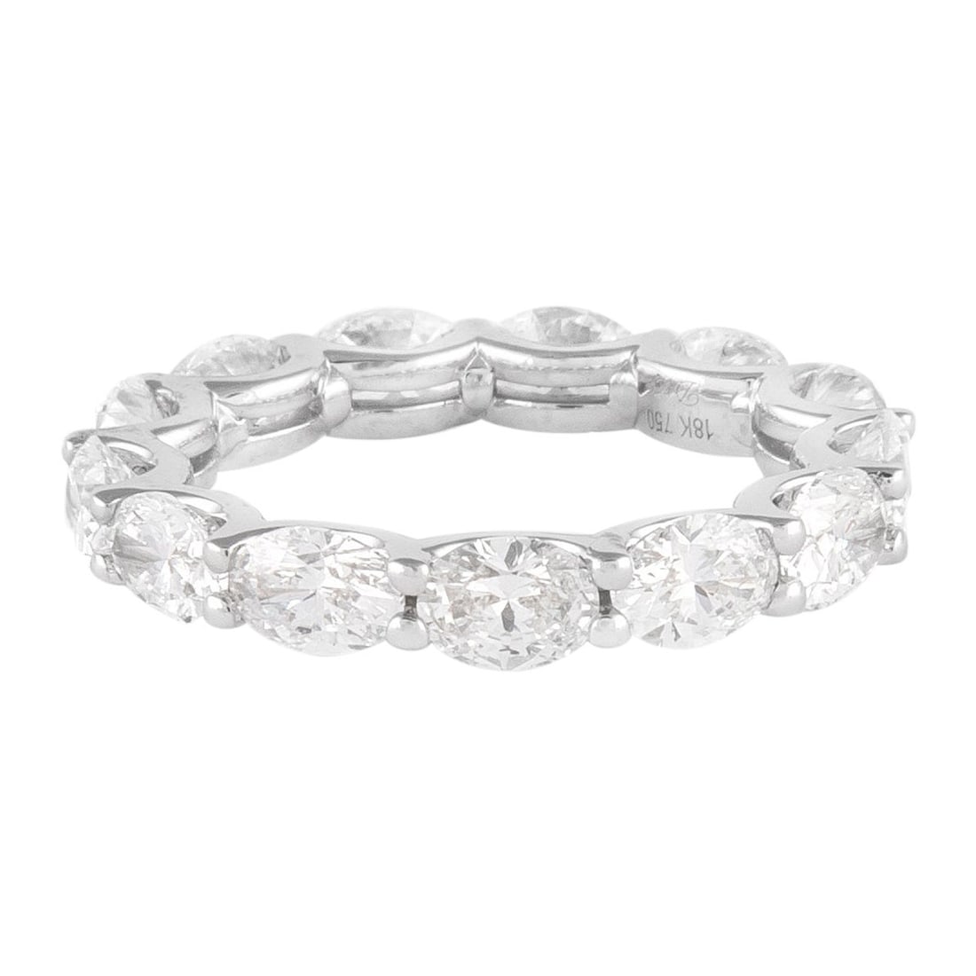 3.23ct Oval Cut Diamond Eternity Band 18k White Gold: 3.23ct Oval Cut Diamond Eternity Band 18k White Gold This exquisite 3.23 ct Oval Cut Diamond East West Eternity Band features a modern design crafted in 18k white gold. The ring showcases 13 stunning 