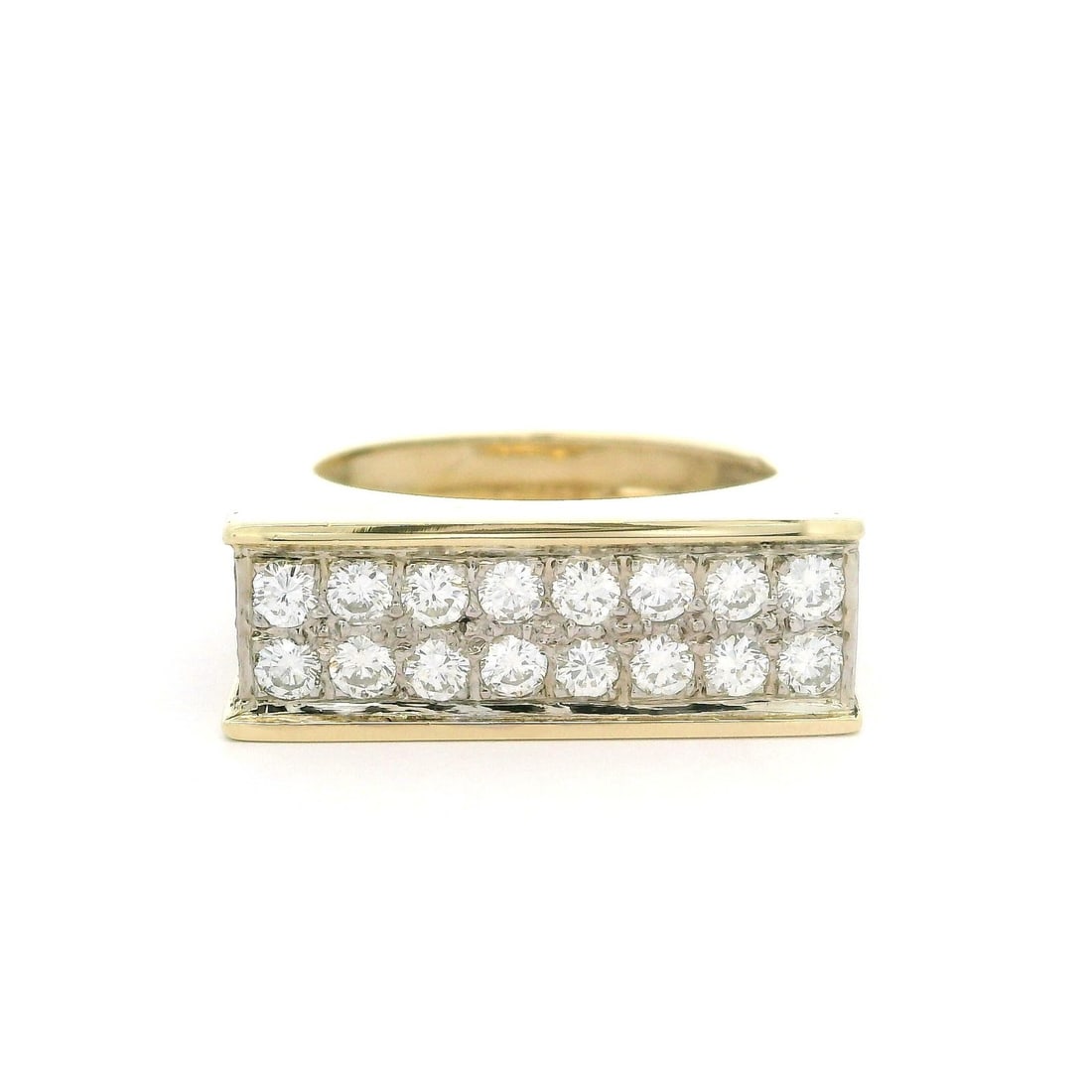 Vintage 14K Yellow Gold 0.84ctw Pave Diamond Geometric Ring: Vintage 14K Yellow Gold 0.84ctw Pave Diamond Geometric Ring This stunning vintage cocktail ring features a unique squared geometric design crafted from solid 14k yellow gold, enhanced with white gold 