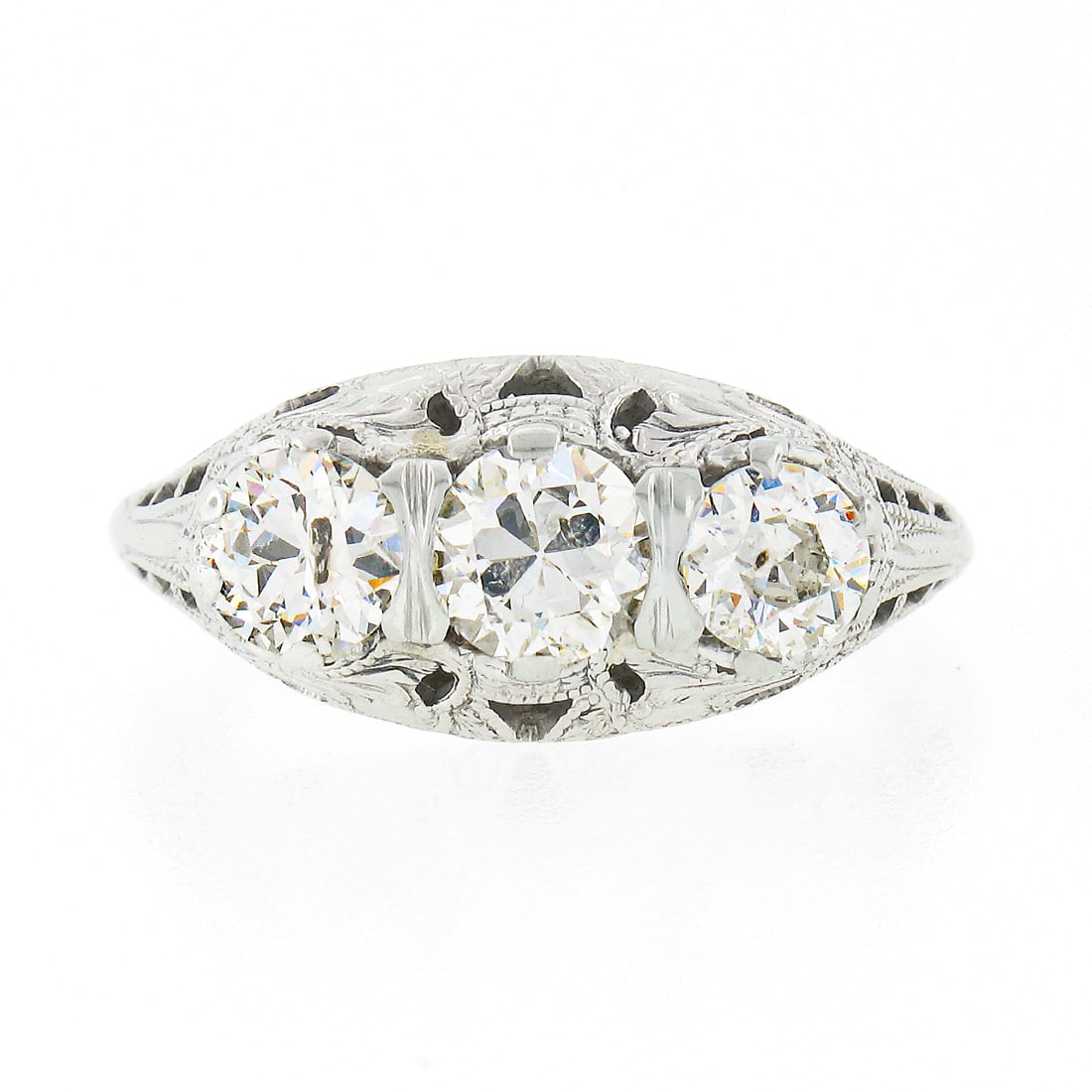 Antique Art Deco 18k White Gold 1.42ct Diamond Floral Band Ring: Antique Art Deco 18k White Gold 1.42ct Diamond Floral Band Ring This exquisite antique Art Deco ring features a stunning 18k white gold band adorned with three natural Old European cut diamonds. The t