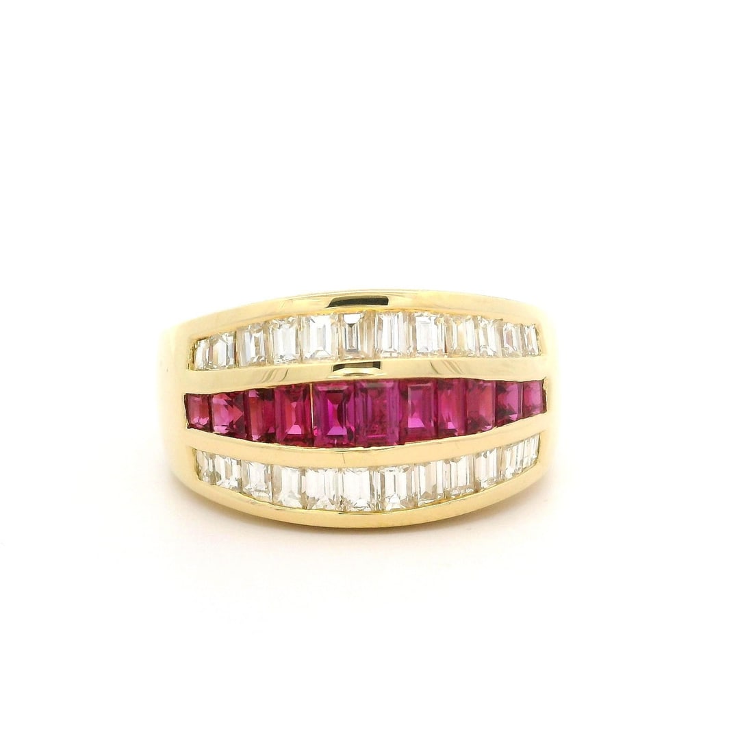 18k Yellow Gold Ruby Diamond 2.46ctw 3 Row Band Ring: 18k Yellow Gold Ruby Diamond 2.46ctw 3 Row Band Ring This exquisite band ring features a stunning combination of genuine rubies and diamonds, set in solid 18k yellow gold. The ring showcases a total c