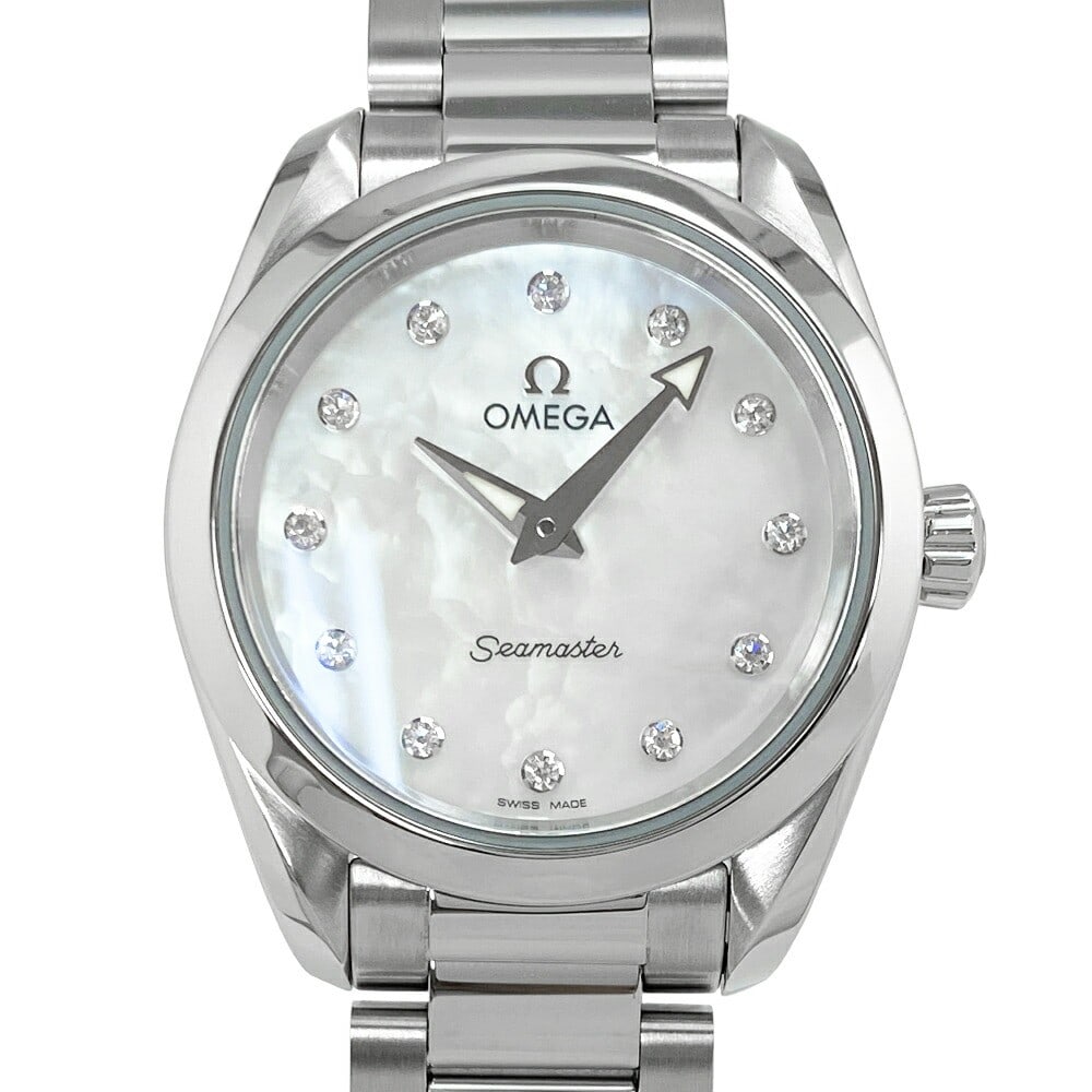Omega Aqua Terra 150M Quartz Diamond Shell Women's Watch: Omega Aqua Terra 150M Quartz Diamond Shell Women's Watch This is an OMEGA Seamaster Aqua Terra 150M women's wristwatch, featuring a quartz movement and diamond accents. The watch is crafted in Switzer