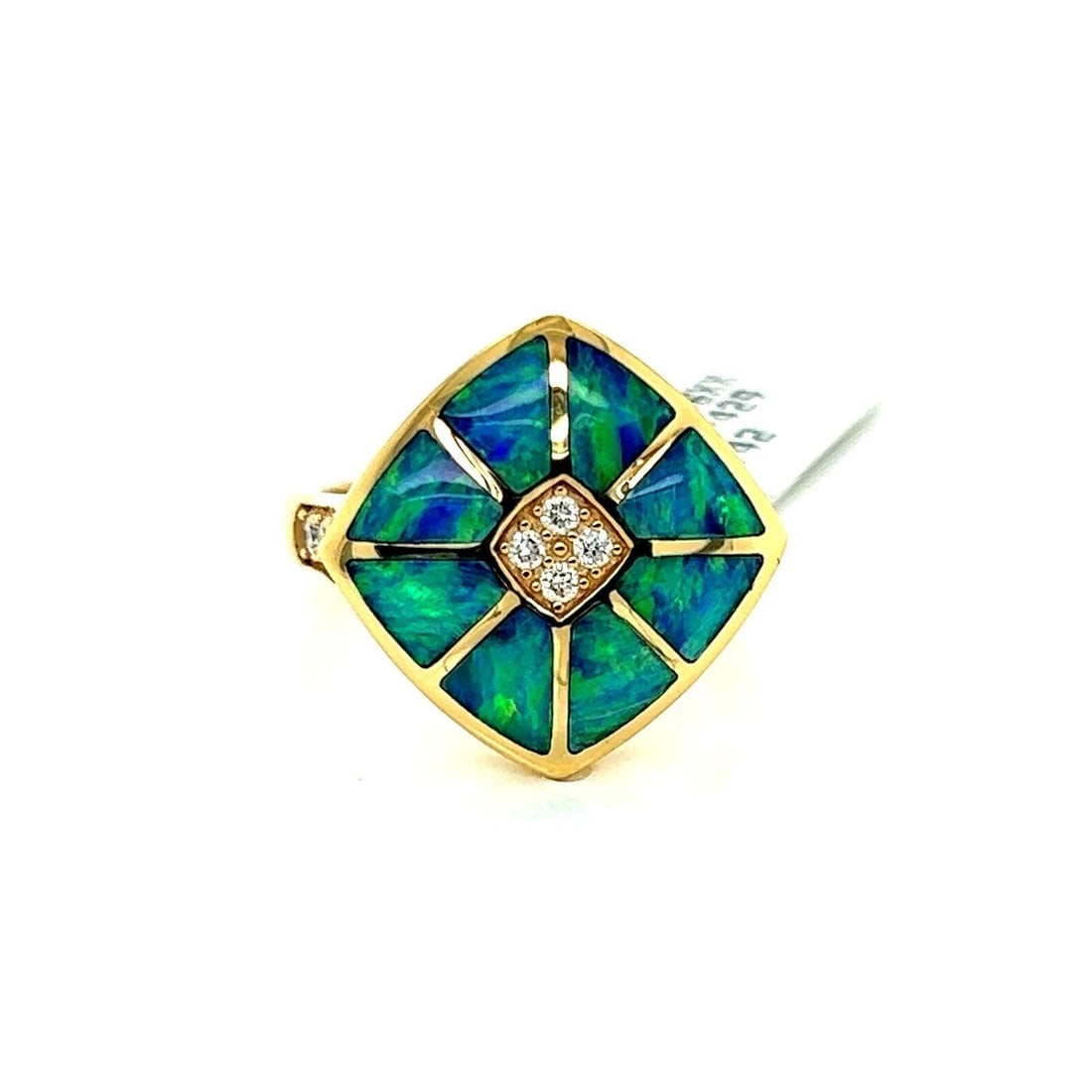 Kabana Fire Opal Diamond 14k Gold Square Ring Size 7: Kabana Fire Opal Diamond 14k Gold Square Ring Size 7 This Kabana ring features a bold geometric square top crafted from 14k yellow gold. The design is highlighted by vibrant fire opal inlay and accent