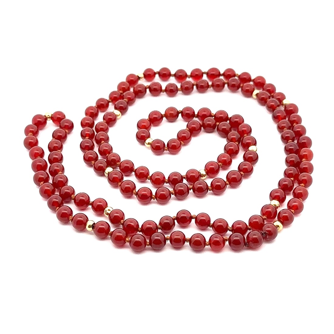 Estate 14k Yellow Gold Strung Bead Necklace with Carnelian 36": Estate 14k Yellow Gold Strung Bead Necklace with Carnelian 36" This exquisite estate necklace features a stunning array of natural genuine Carnelian beads, each showcasing a captivating deep red hue. 