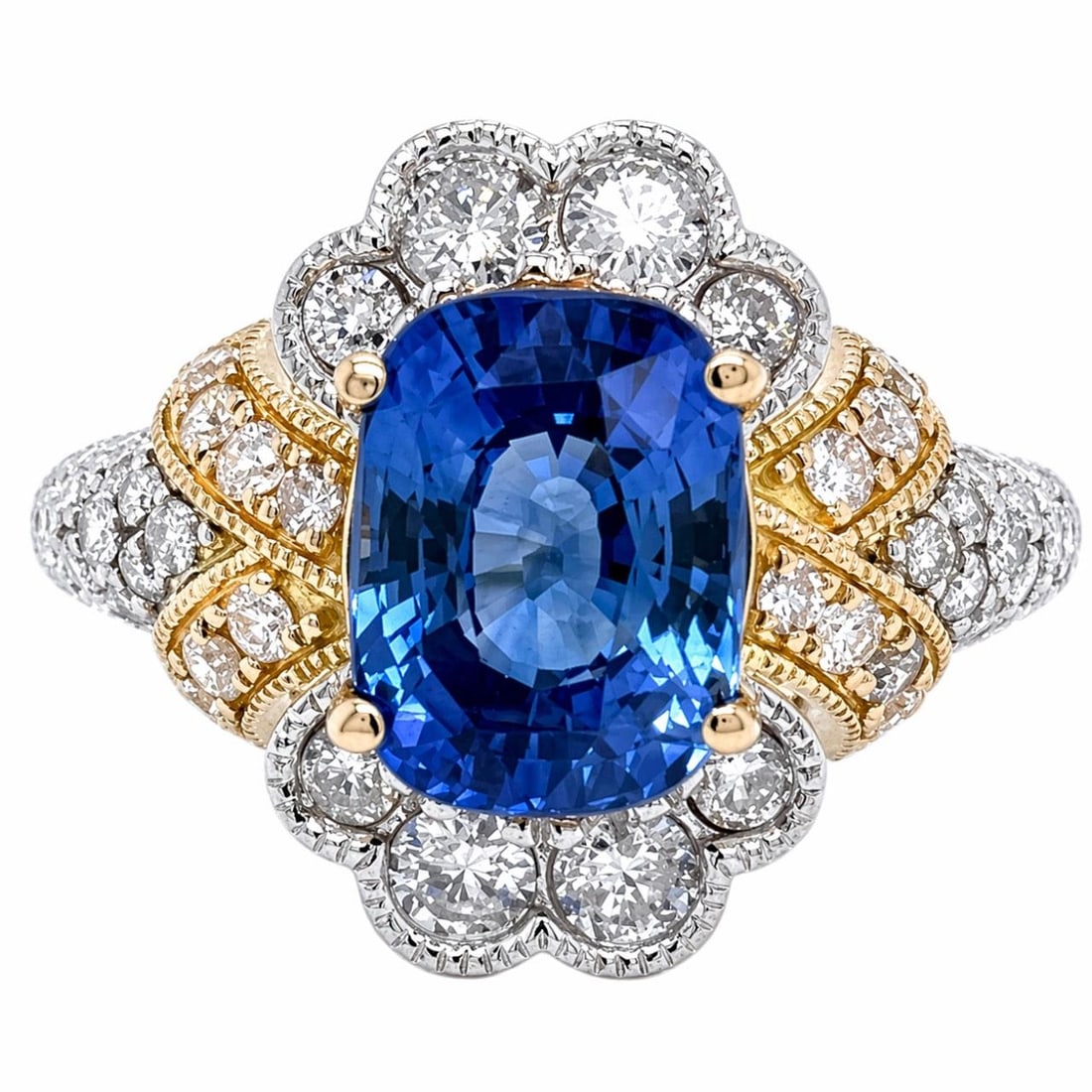 GIA 3.58 Ct Sapphire Diamond Ring in 18K White and Yellow Gold: GIA 3.58 Ct Sapphire Diamond Ring in 18K White and Yellow Gold This ring features a 3.58 carat GIA certified sapphire set in 18K white and yellow gold, complemented by 1.11 carats of diamonds with F-G