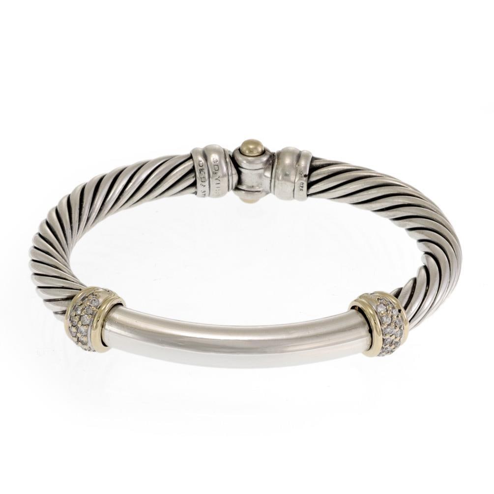 David Yurman Sterling Silver 14k Gold Diamond Cable Bangle Bracelet: David Yurman Sterling Silver 14k Gold Diamond Cable Bangle Bracelet Elevate your style with this exquisite David Yurman bangle bracelet, expertly crafted from sterling silver and 14k yellow gold. The 