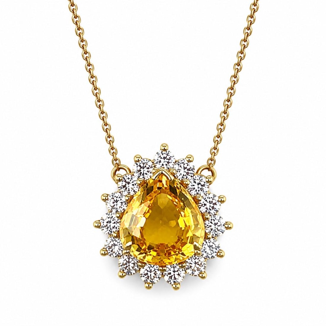 Tiffany Co 18K Gold GIA Yellow Sapphire Diamond Necklace 16 inch Chain: Tiffany Co 18K Gold GIA Yellow Sapphire Diamond Necklace 16 inch Chain This elegant necklace features a 6.99 carat pear-shaped Ceylon yellow sapphire that is GIA certified, set in 18K yellow gold. The