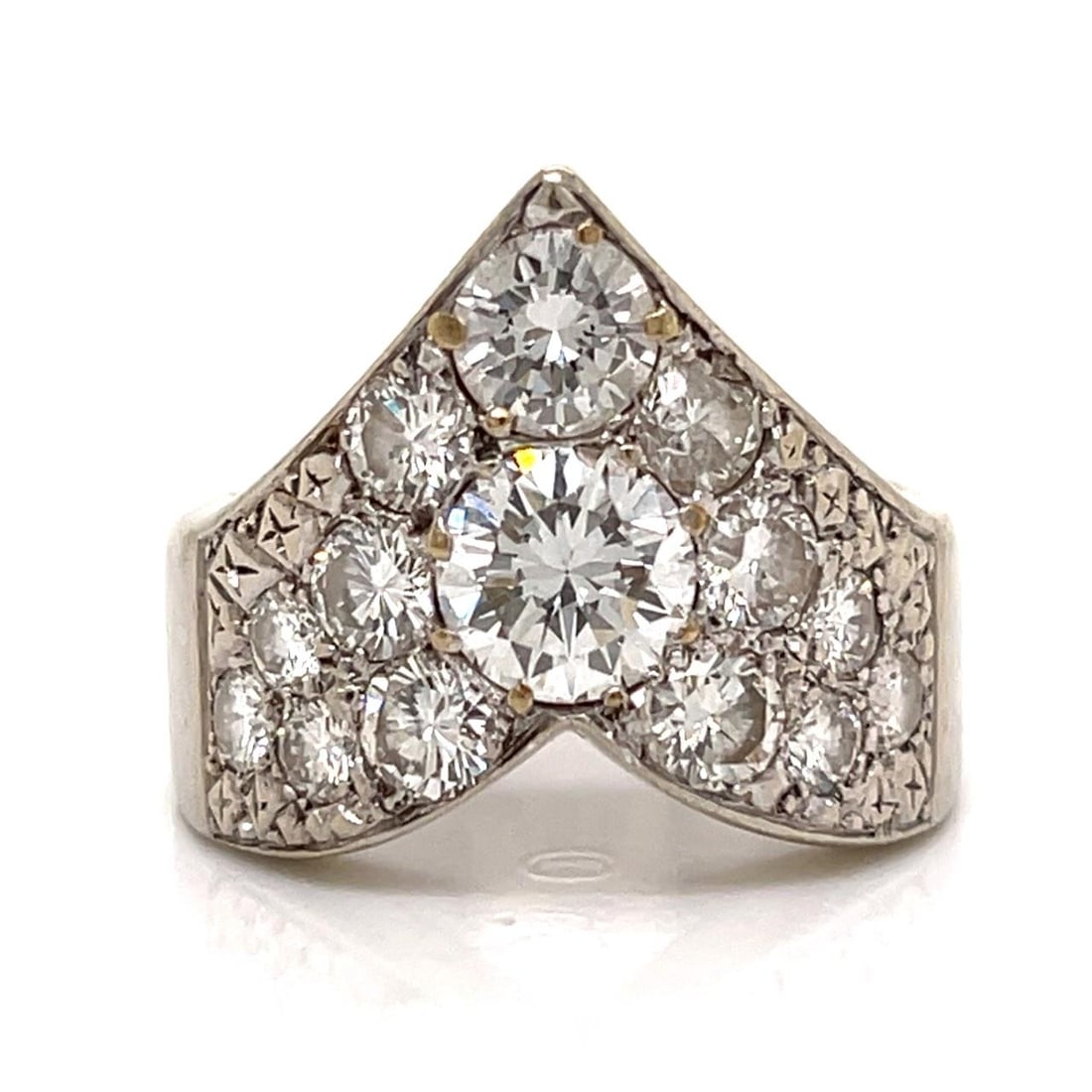 3.80 Carat Diamond Ring in 14K White Gold Circa 1950s: 3.80 Carat Diamond Ring in 14K White Gold Circa 1950s This 1950s ring is crafted in 14K white gold and features a total diamond weight of approximately 3.80 carats. The centerpiece is set with an esti
