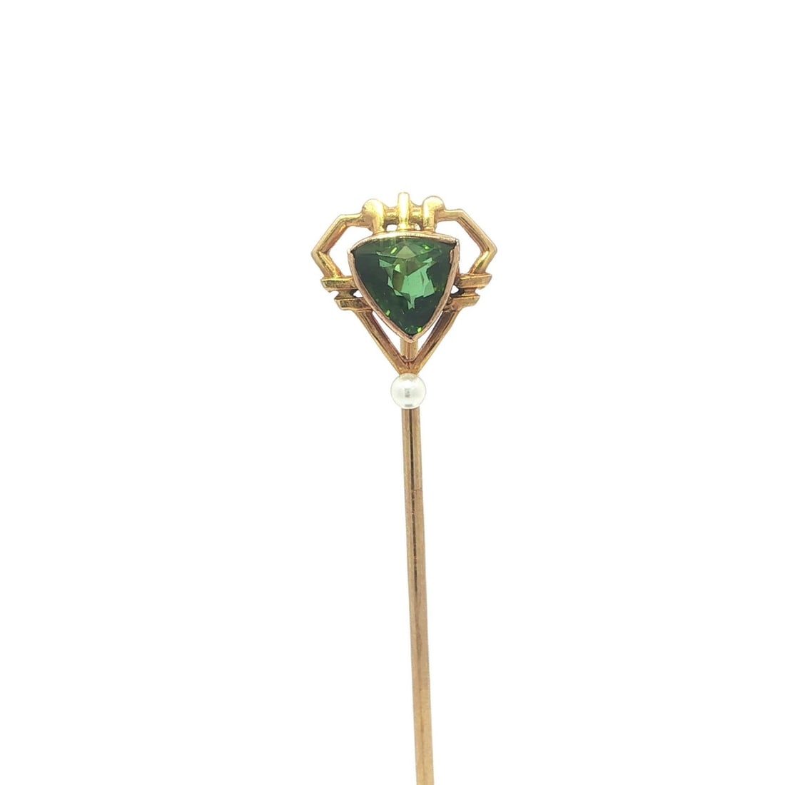 Art Nouveau Era 14k Yellow Gold Stick Pin with Green Tourmaline and Seed Pearl: Art Nouveau Era 14k Yellow Gold Stick Pin with Green Tourmaline and Seed Pearl This antique Art Nouveau stick pin features a natural green trillion-cut tourmaline and a genuine white seed pearl, both 