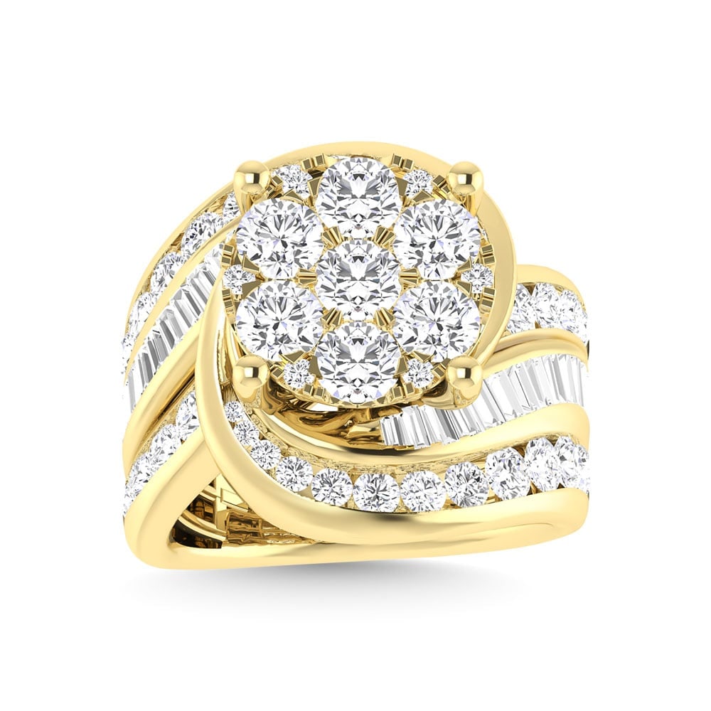 Diamond 4 Ct.Tw. Cluster Engagement Ring in 14K Yellow Gold: Diamond 4 Ct.Tw. Cluster Engagement Ring in 14K Yellow Gold 14k Yellow Gold Stone Color: G-h Stone Clarity: I2 Each ring is presented in standard size 6.5. Complimentary resizing is available between 